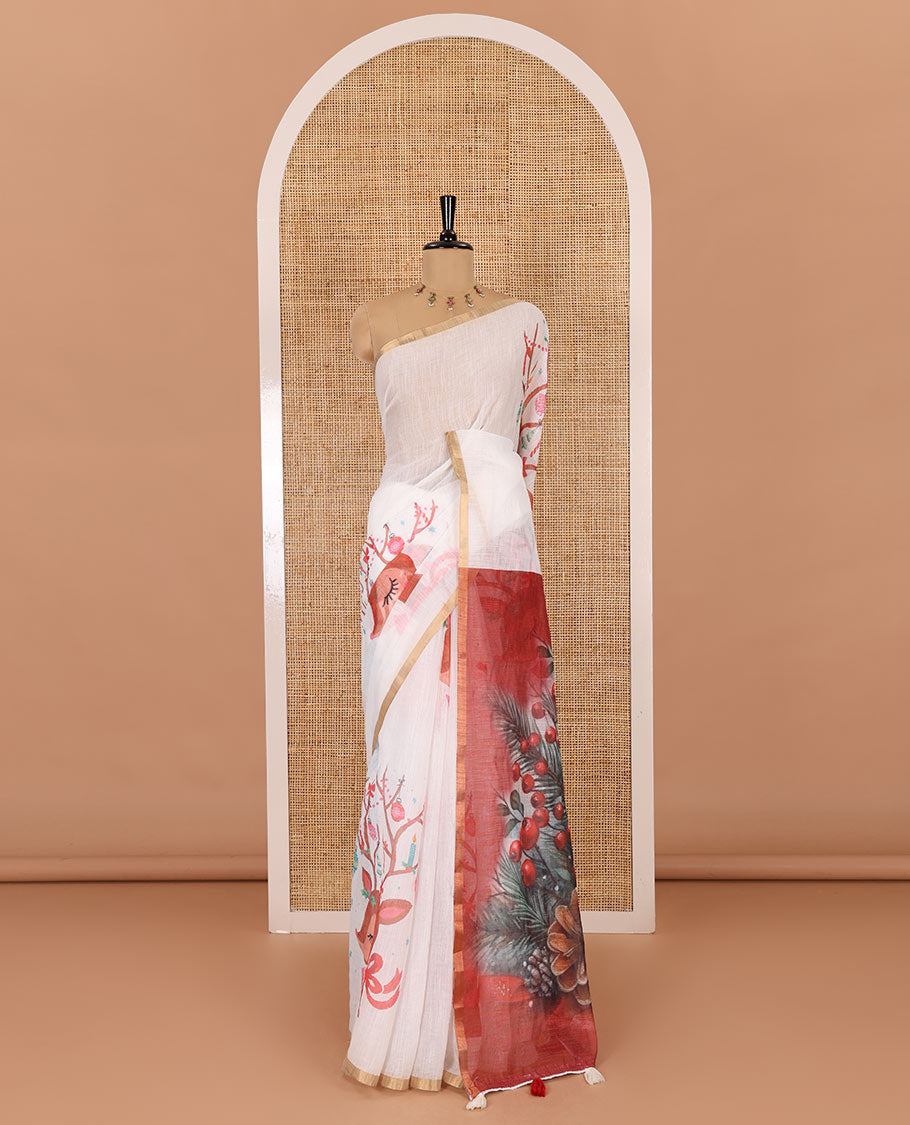 Borderless white Christmas-theme Jingle bells, and reindeer motifs printed linen cotton saree, Chirtmas theme digital printed pallu, and a cherry motifs printed blouse