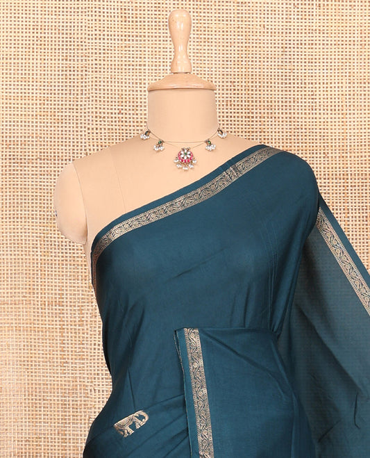 Blue elephant motifs woven Russian silk saree, traditional motifs piping border, zari striped pallu, and a contrast buttas blouse