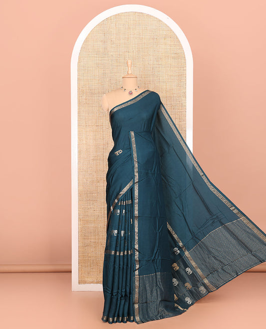 Blue elephant motifs woven Russian silk saree, traditional motifs piping border, zari striped pallu, and a contrast buttas blouse
