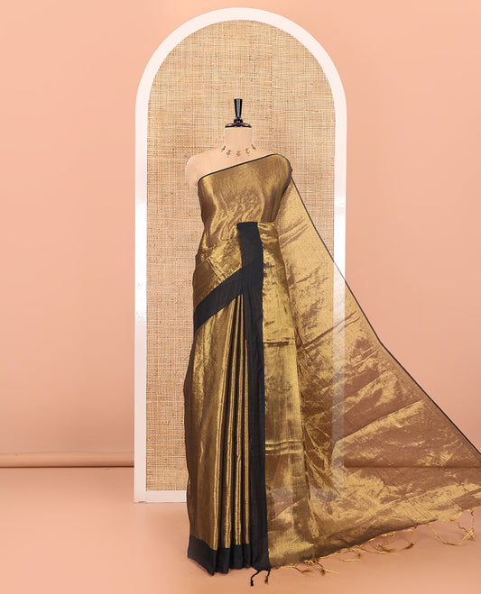 Gold plain khadi tissue saree with a self-pallu, and a matching blouse
