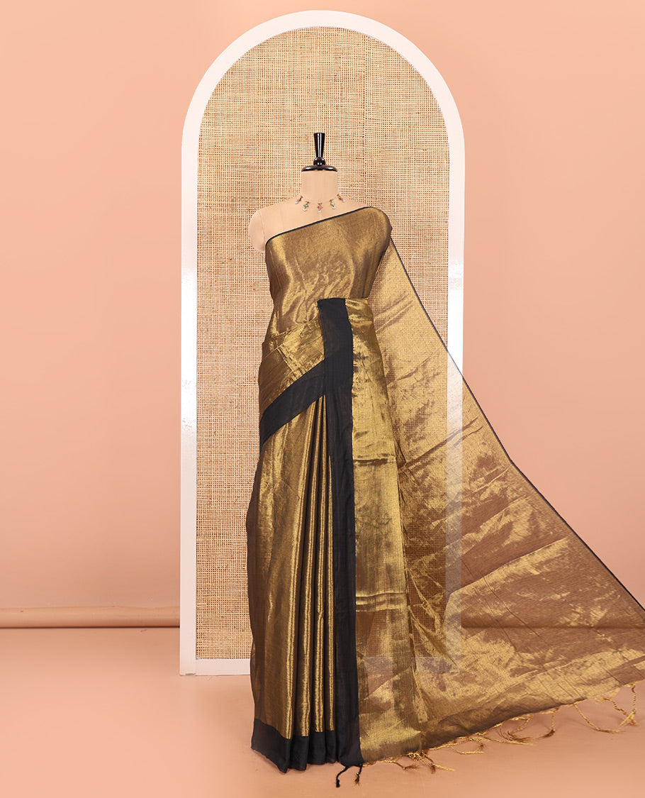 Gold plain khadi tissue saree with a self-pallu, and a matching blouse