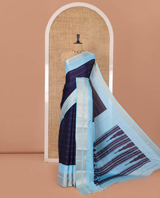 Blue Milan Moss Chiffon Saree, Elevated with Stripes on Its Body, Complemented by a Contrast Geometric-Patterned Zari Border, Pallu of Stripes and Temple Designs, and Paired with a Contrast Blouse