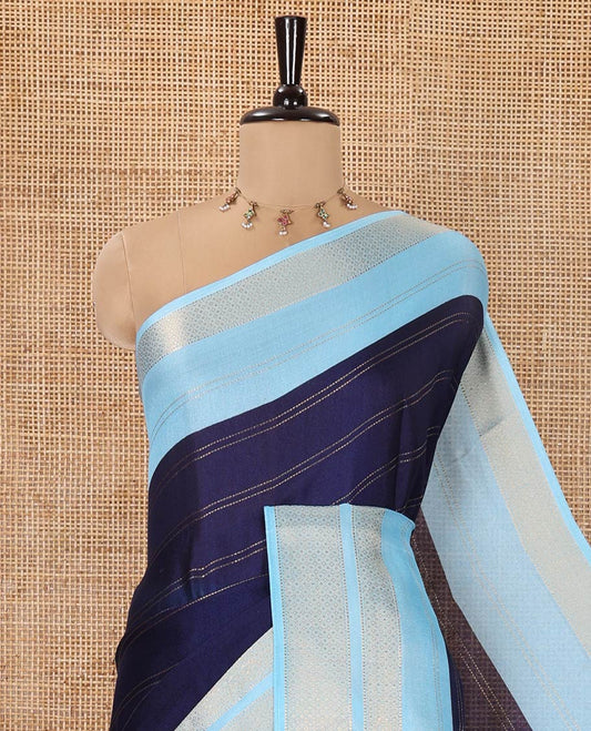 Blue Milan Moss Chiffon Saree, Elevated with Stripes on Its Body, Complemented by a Contrast Geometric-Patterned Zari Border, Pallu of Stripes and Temple Designs, and Paired with a Contrast Blouse