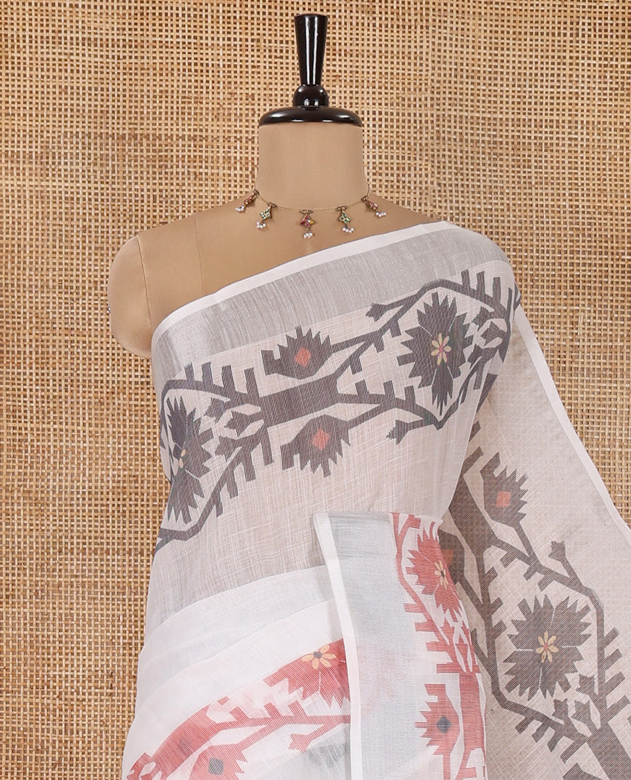 White Plain Linen Cotton Saree, Subtly Sparkled Zari Border of Jamdani-Style Leaf-Floral Designs, Pallu Depicting Jamdani-Style Designs, and Paired with a Matching Blouse