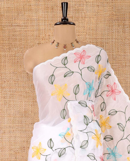 White Rangoli Chiffon Saree, Adorned with Multi-Color Floral Vine Embroidery on Its Body, Floral Embroidered Pallu, and Contrast Floral Embroidered Blouse