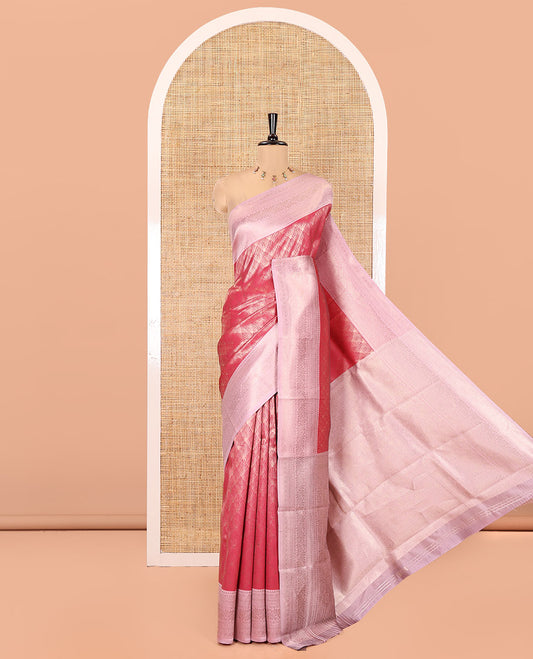 Rani Pink Kanchi Silk Saree Features Jacquard, Contrast Traditional Border, Zari-Weave Pallu, and a Contrast Blouse
