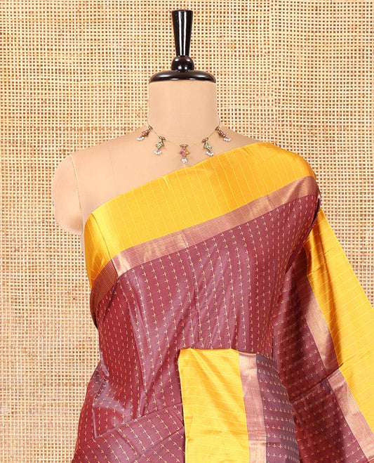 Maroon Art Soft Silk Saree, Steeped with Plus-Size Buttas All Over Its Body, Complemented by a Contrast Border, Subtly Striped Pallu, and Paired with a Contrast Blouse