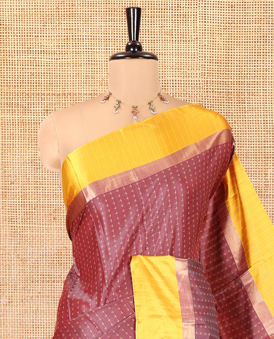 Maroon Kanchi Soft Silk Saree, Steeped with Plus-Size Buttas All Over Its Body, Complemented by a Contrast Border, Subtly Striped Pallu, and Paired with a Contrast Blouse