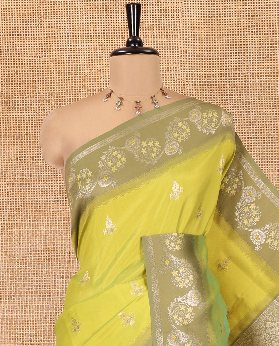 Green Elite Soft Silk Saree, Beautified with Zari Buttas, Complemented by Contrast Meenakari Floral Creeper Border, Intricate Pallu, and a Contrast Blouse