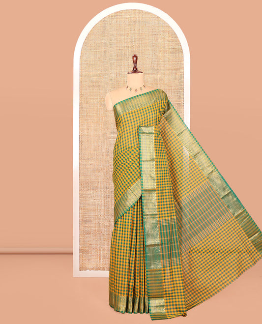 Mustard-Green Chettinad Cotton Saree, Elevated with Vintage Checks, Contrast Traditional Border, Striped Pallu, and a  No Blouse