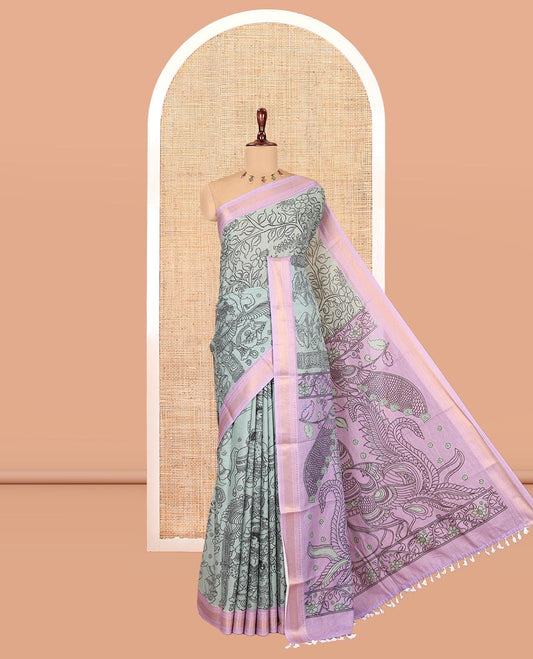 Green Mangalagiri Cotton Saree Features Kalamkari Flora-Fauna-Humans, a Contrast Border, and Printed Blouse