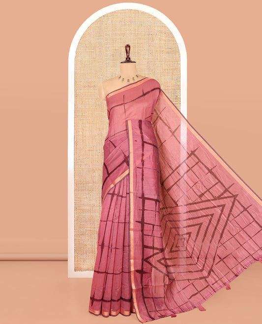 Onion Pink Linen Cotton Saree, Adorned with Shibori Checks, a Subtle Piping Border, Geometric Pallu, and a Matching Blouse