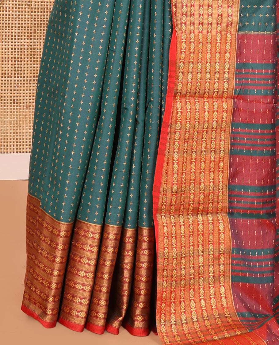 Green-Red Semi-Soft Silk Saree, Adorned with Plus-Shaped Buttas, Complemented by a Contrast Border, Striped Pallu, and a Contrast Blouse