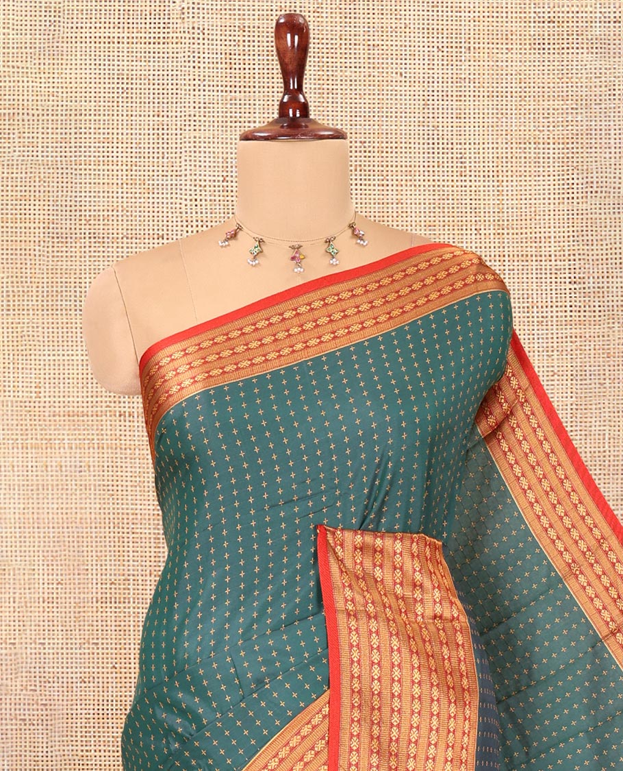 Green-Red Semi-Soft Silk Saree, Adorned with Plus-Shaped Buttas, Complemented by a Contrast Border, Striped Pallu, and a Contrast Blouse