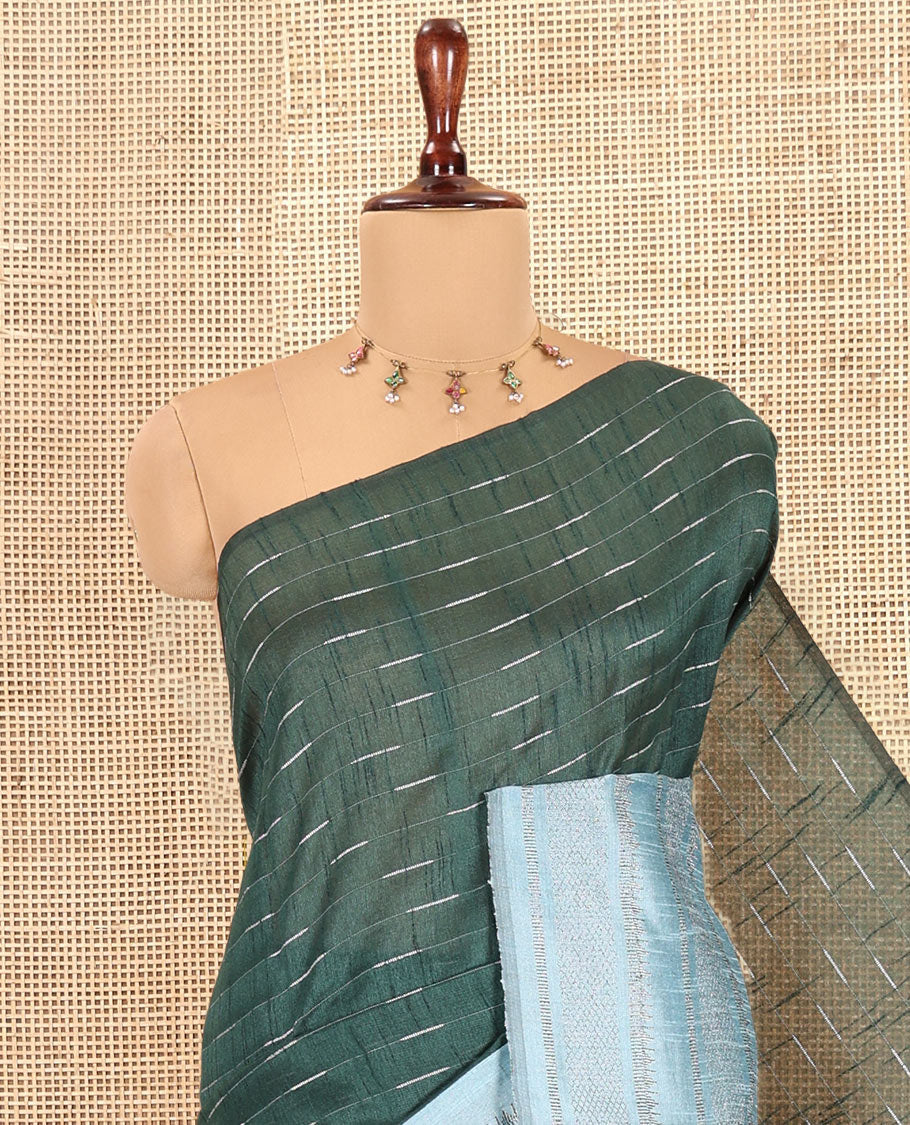 Green Semi-Raw Silk Saree, Subtly Sparkled with Thread Stripes, a Contrast Traditional Zari Border, Checked Pallu, and a Contrast Blouse