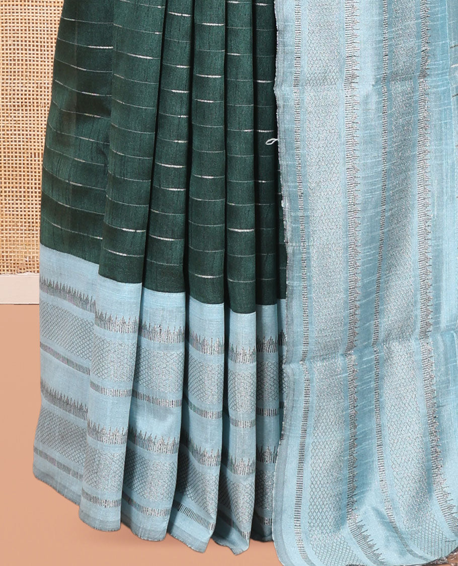 Green Semi-Raw Silk Saree, Subtly Sparkled with Thread Stripes, a Contrast Traditional Zari Border, Checked Pallu, and a Contrast Blouse
