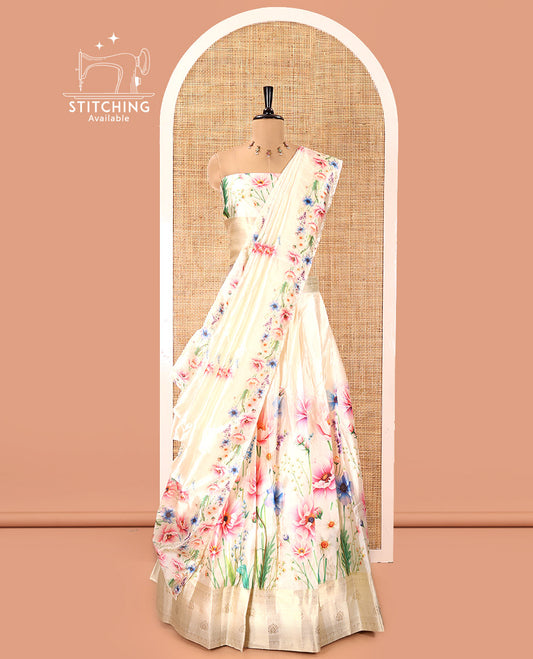 Cream Semi-Silk Half-Saree, Beautified with Colorful Floral Printed Skirt, Traditional Zari Border, a Matching Blouse, and a Floral Printed Semi-Silk Dhavani