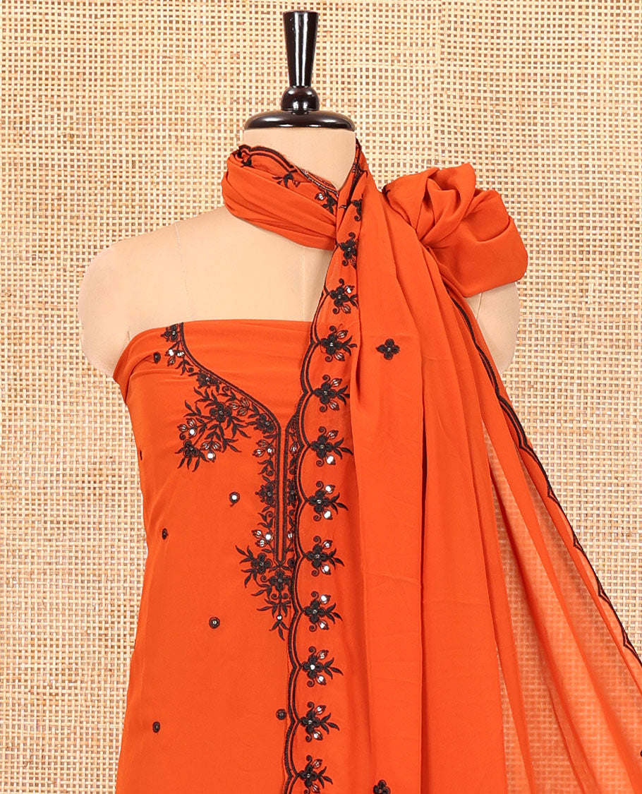 Rust-Black Georgette Material Chudidar Set, Features Thread and Mirror Work Top, a Plain Santoon Bottom, and an Embroidered Georgette Dupatta