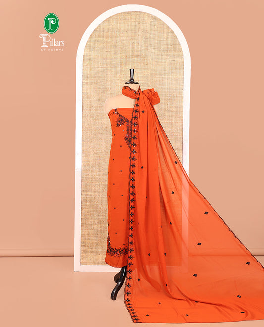 Rust-Black Georgette Material Chudidar Set, Features Thread and Mirror Work Top, a Plain Santoon Bottom, and an Embroidered Georgette Dupatta