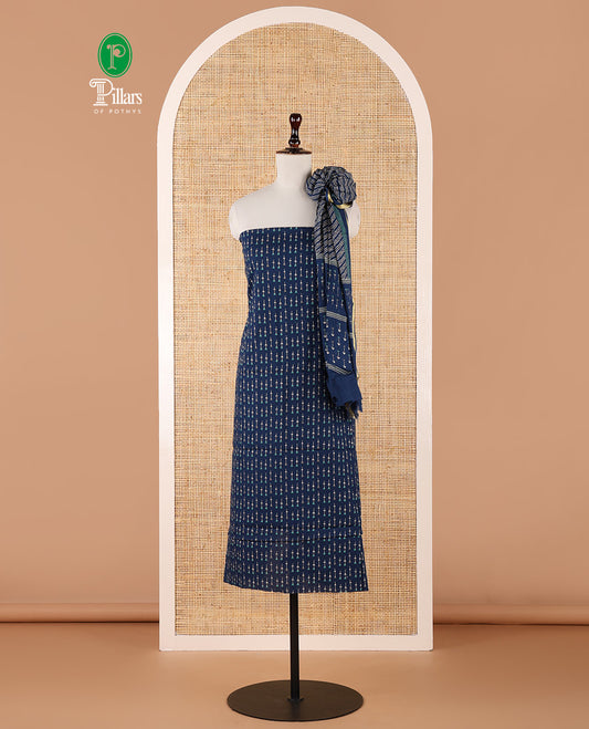 Indigo blue chudidar material set, floral buttas handblock printed cotton top, stripes & floral motifs handblock printed kota cotton dupatta & cotton handblock printed bottom