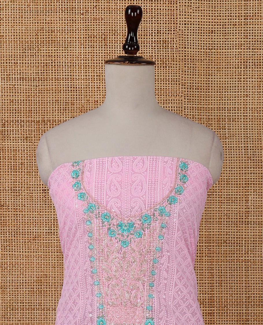 Pink chudidar material set,Lucknowi Chikankari embroidered & neckwork georgette top,crepe plain bottom, & chiffon plain dupatta