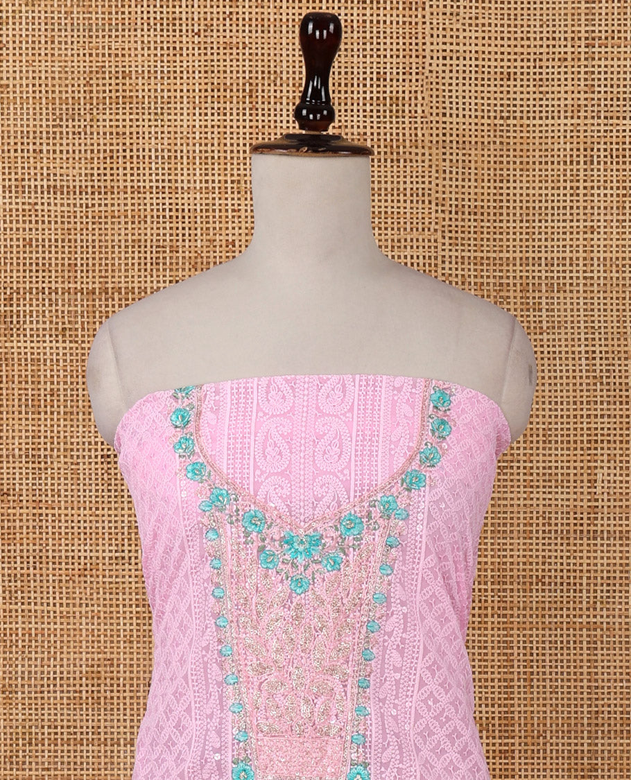 Pink chudidar material set,Lucknowi Chikankari embroidered & neckwork georgette top,crepe plain bottom, & chiffon plain dupatta