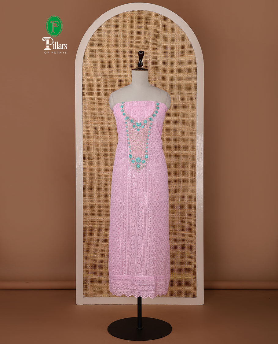 Pink chudidar material set,Lucknowi Chikankari embroidered & neckwork georgette top,crepe plain bottom, & chiffon plain dupatta