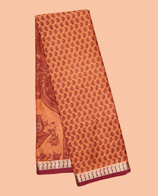 Orange unique motifs semi-banaras printed saree, contrast paisley border & intricately printed pallu 