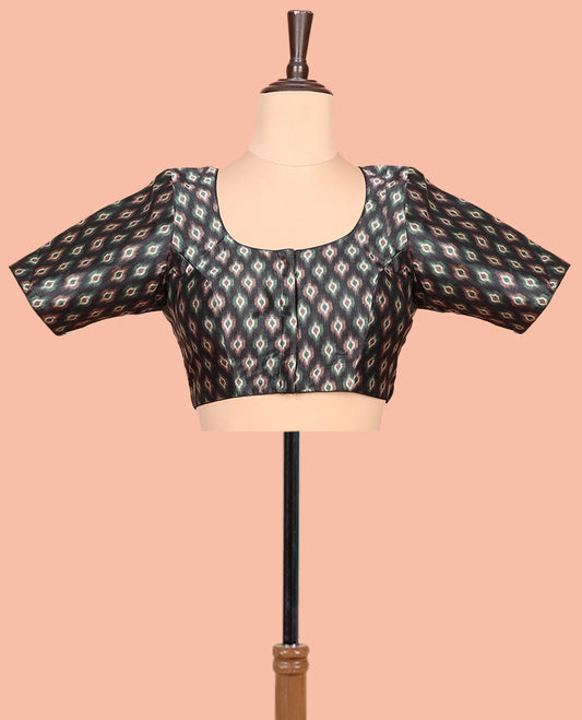 Black Readymade Blouse Featuring Ikat Print, a Front Round-Neck, Back Round-Neck, and Half-Sleeves