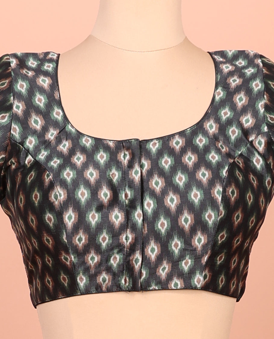 Black Readymade Blouse Featuring Ikat Print, a Front Round-Neck, Back Round-Neck, and Half-Sleeves
