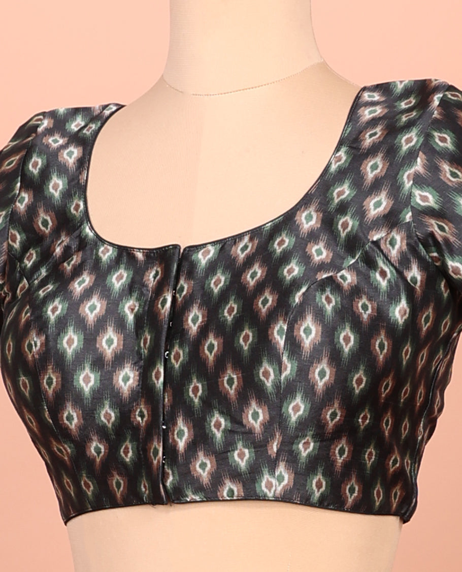 Black Readymade Blouse Featuring Ikat Print, a Front Round-Neck, Back Round-Neck, and Half-Sleeves
