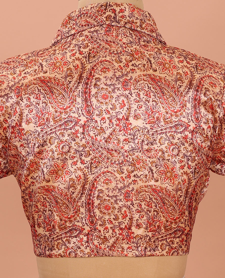 Peach Readymade Blouse Artfully Detailed with Floral-Paisley Vine Print, Featuring Front Shawl Collar, Back Collar Neck, and Elbow Sleeves