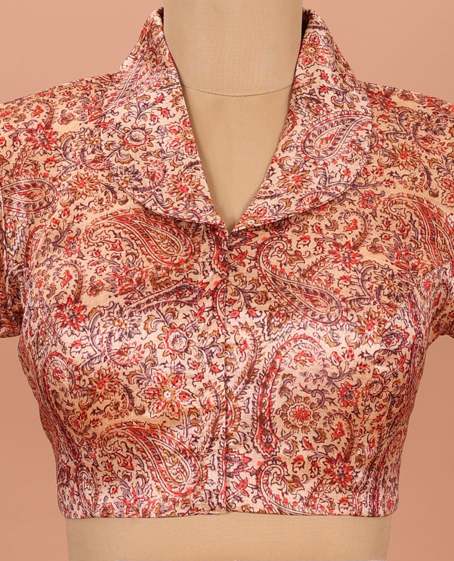Peach Readymade Blouse Artfully Detailed with Floral-Paisley Vine Print, Featuring Front Shawl Collar, Back Collar Neck, and Elbow Sleeves