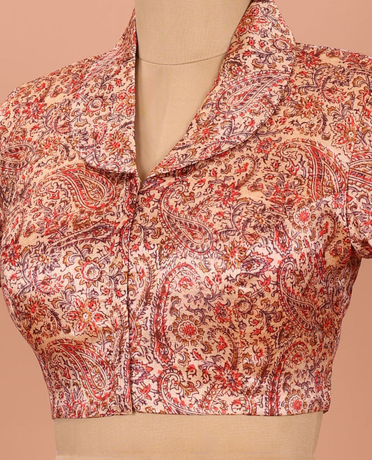 Peach Readymade Blouse Artfully Detailed with Floral-Paisley Vine Print, Featuring Front Shawl Collar, Back Collar Neck, and Elbow Sleeves