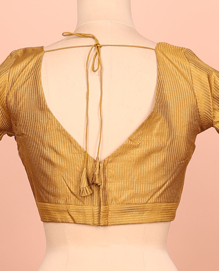 Mustard thread work front-back leaf-neck elbow sleeve readymade blouse
