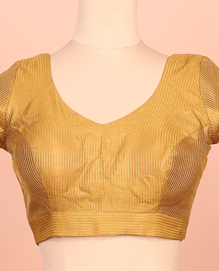 Mustard thread work front-back leaf-neck elbow sleeve readymade blouse