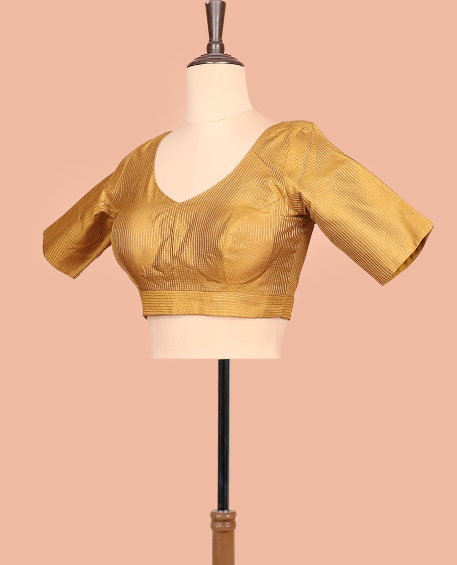 Mustard thread work front-back leaf-neck elbow sleeve readymade blouse