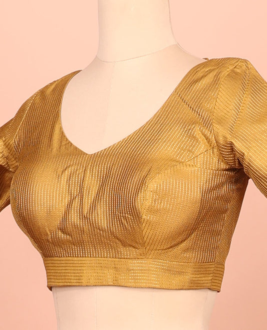 Mustard thread work front-back leaf-neck elbow sleeve readymade blouse