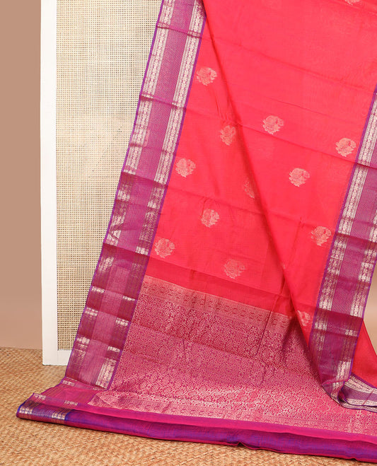 Red motifs silk cotton saree with contrast zari design border & floral design pallu