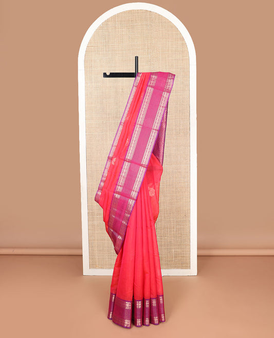 Red motifs silk cotton saree with contrast zari design border & floral design pallu