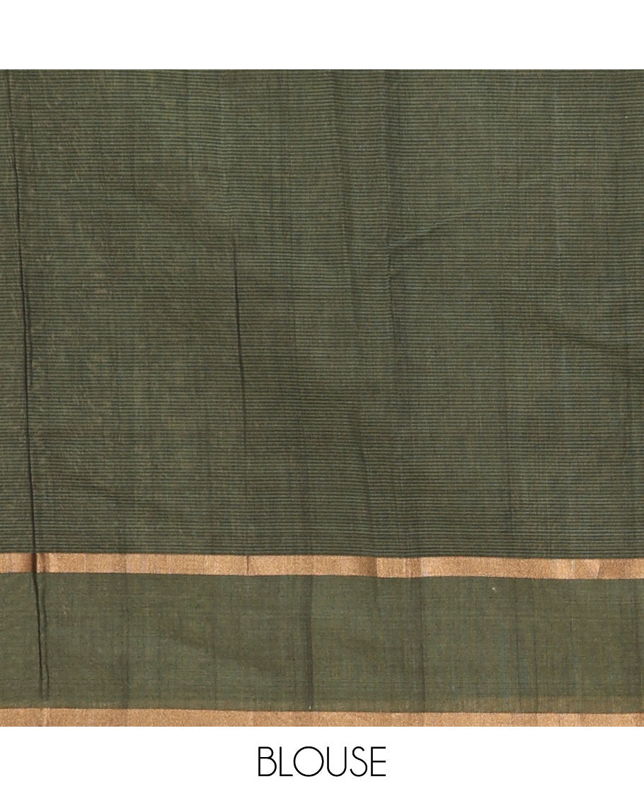 Brown floral zari buttas silk cotton saree, contrast zari buttas border and pallu of intricate Mughal style ogee patterns weave