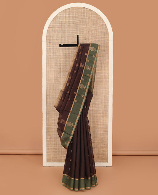 Brown floral zari buttas silk cotton saree, contrast zari buttas border and pallu of intricate Mughal style ogee patterns weave