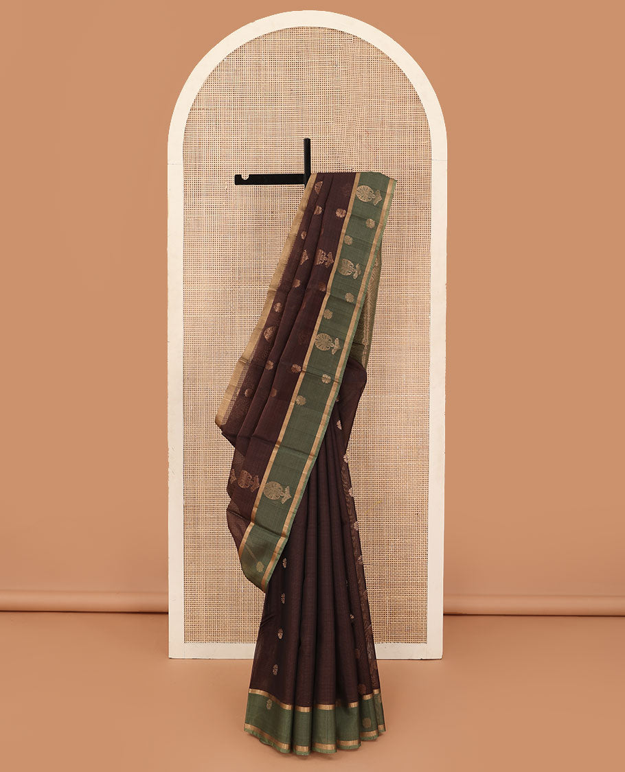 Brown floral zari buttas silk cotton saree, contrast zari buttas border and pallu of intricate Mughal style ogee patterns weave