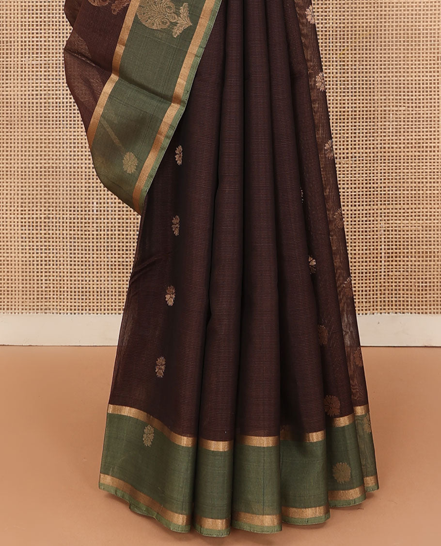 Brown floral zari buttas silk cotton saree, contrast zari buttas border and pallu of intricate Mughal style ogee patterns weave