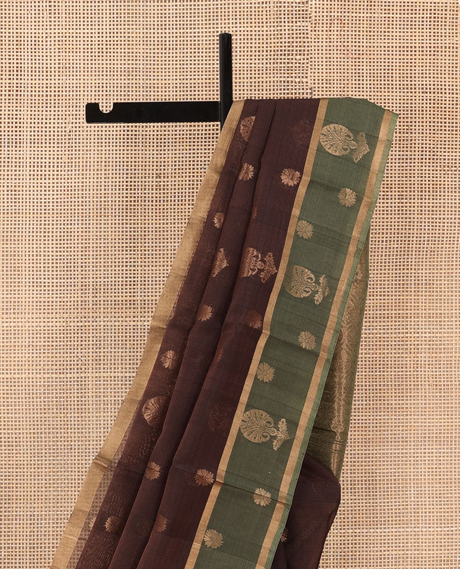 Brown floral zari buttas silk cotton saree, contrast zari buttas border and pallu of intricate Mughal style ogee patterns weave