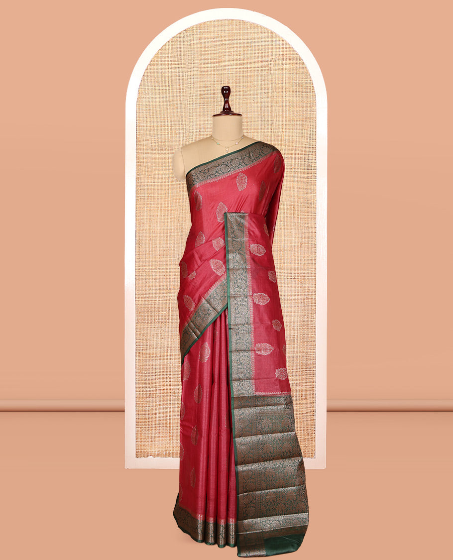 Red Tusser Silk Saree, Subtly Sparkled with Zari Buttas, a Contrast Floral Zari Border, Intricate Pallu, and a Contrast Blouse