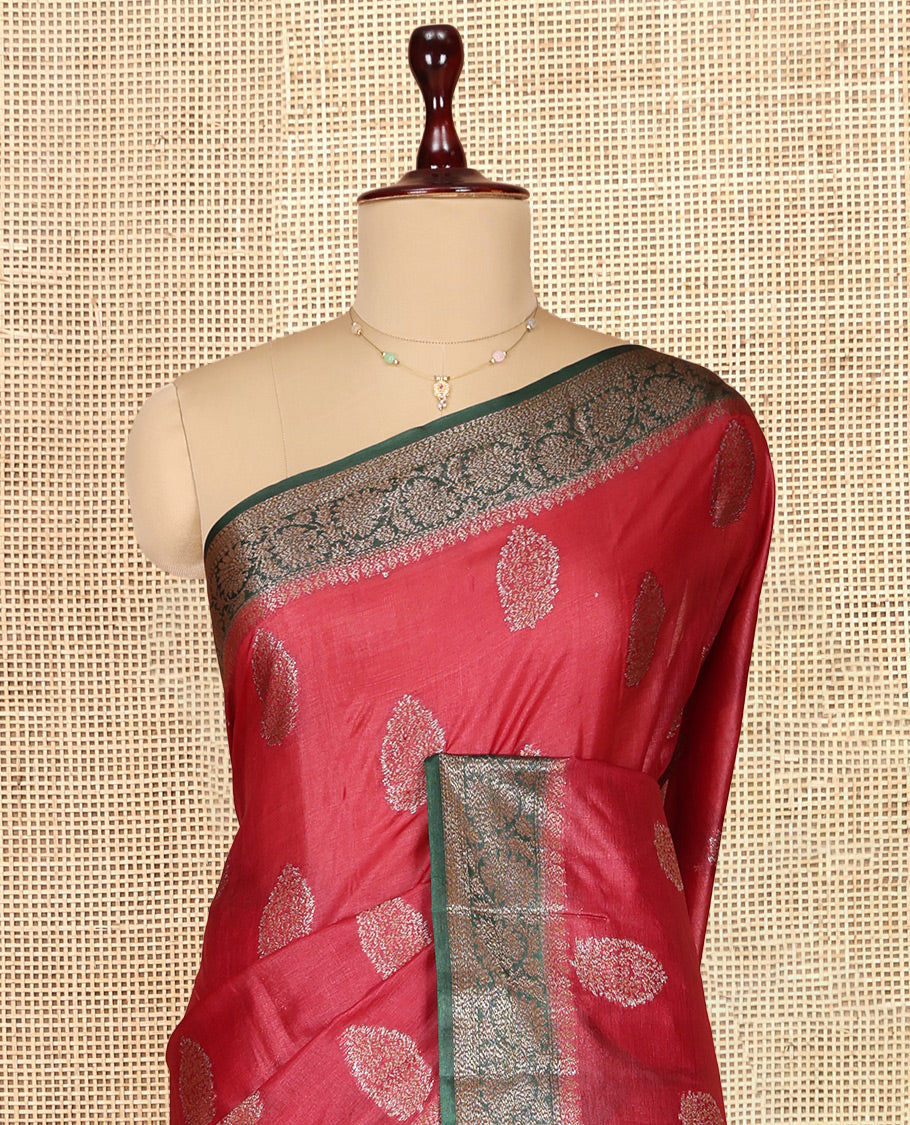 Red Tusser Silk Saree, Subtly Sparkled with Zari Buttas, a Contrast Floral Zari Border, Intricate Pallu, and a Contrast Blouse