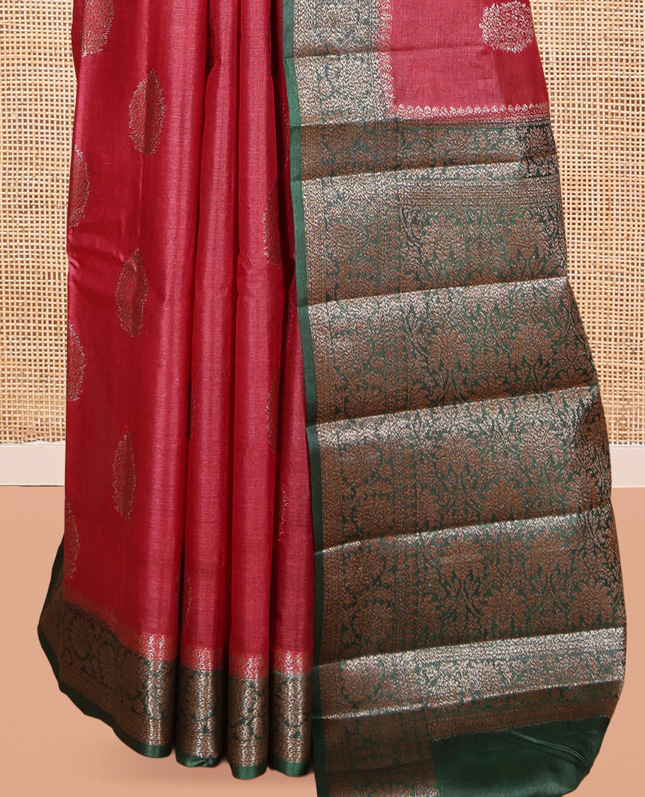 Red Tusser Silk Saree, Subtly Sparkled with Zari Buttas, a Contrast Floral Zari Border, Intricate Pallu, and a Contrast Blouse