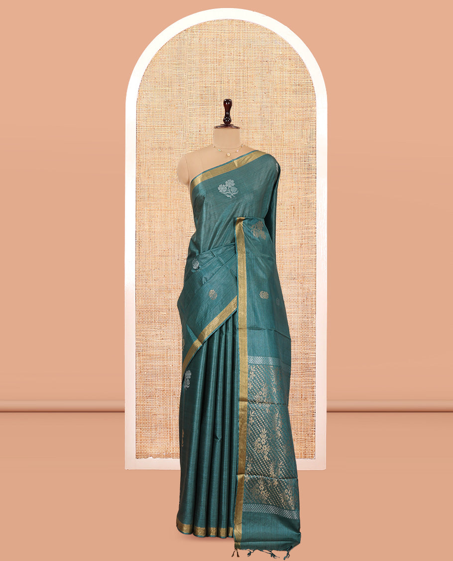Green Tussar Saree, Showcasing Floral Buttas, a Subtle Zari Border, Pallu of Polka Dot and Floral Designs, and a Matching Blouse