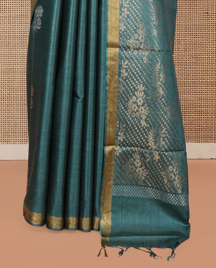 Green Tussar Saree, Showcasing Floral Buttas, a Subtle Zari Border, Pallu of Polka Dot and Floral Designs, and a Matching Blouse
